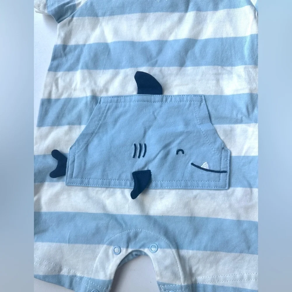 NWT Carter's Baby Boy Blue Striped Whale Snap Shorts Hooded One Piece 12 Months